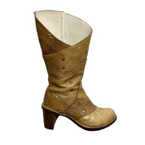 El Naturalista Spain distressed tan leather patchwork studded heeled boho boots